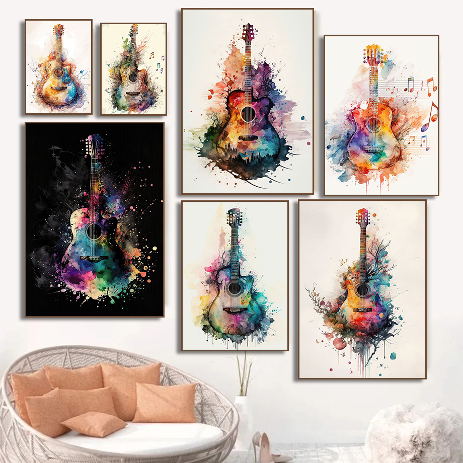 Picture Of Musical Instrument - (Musiekinstrument Gitaar Aquarel Kunst Poster Canvas