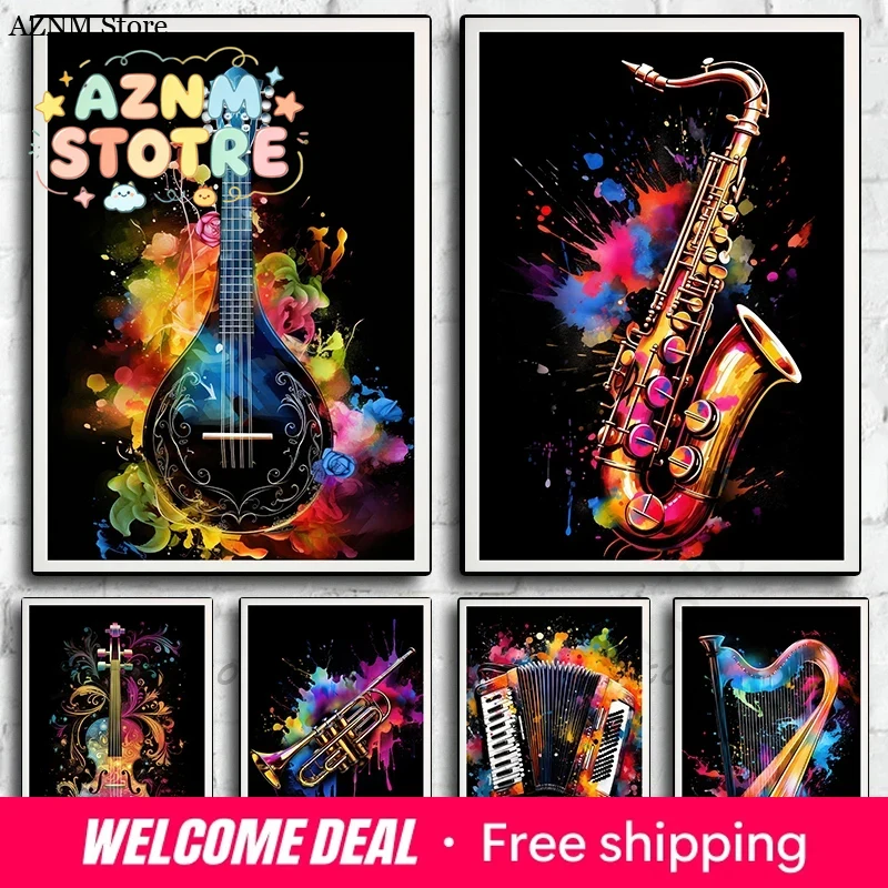 Picture Of Musical Instrument - Muziekinstrumenten Viool Harp Saxofoon Ukelele Poster